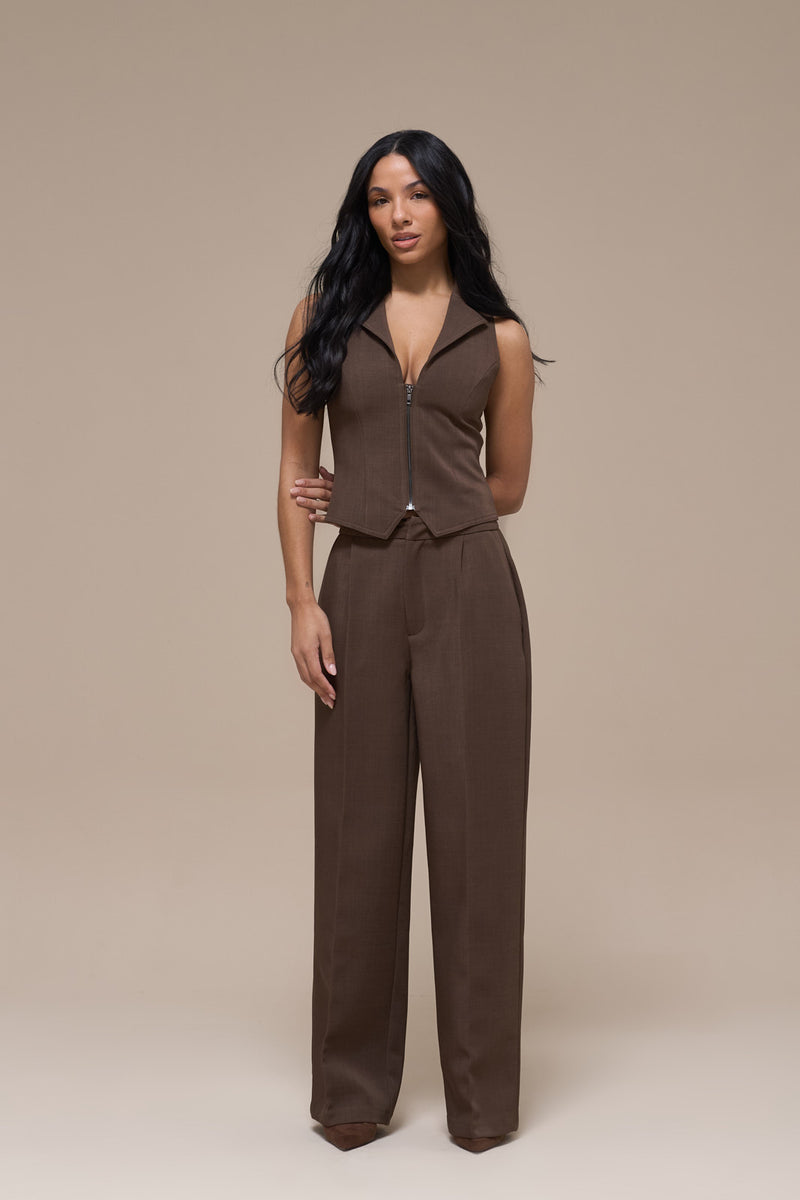 MAEVE SLEEVELESS CORSET TAILORED TOP WITH ZIP | BROWN
