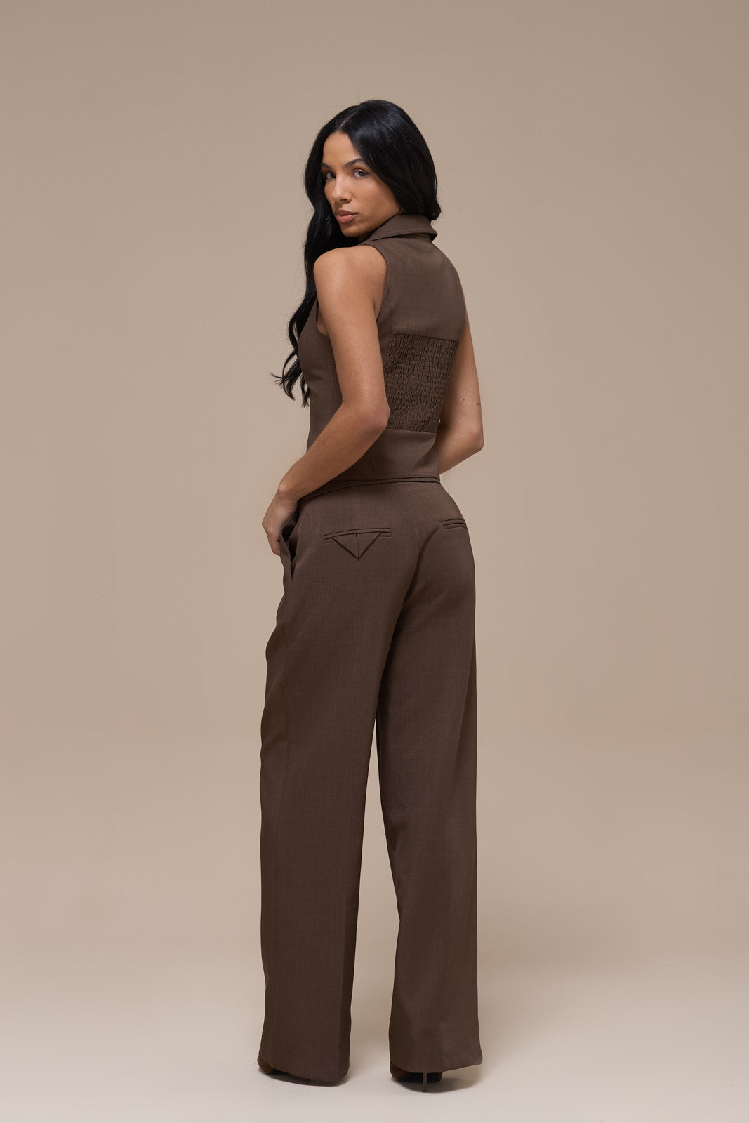 MAEVE SLEEVELESS CORSET TAILORED TOP WITH ZIP | BROWN