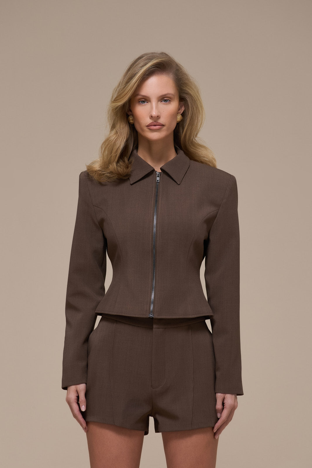 MAEVE LONG SLEEVE TAILORED TOP WITH ZIP | BROWN