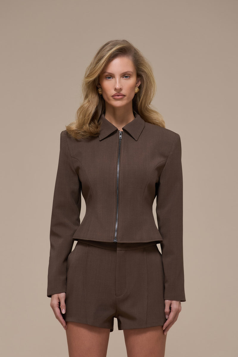 MAEVE LONG SLEEVE TAILORED TOP WITH ZIP | BROWN