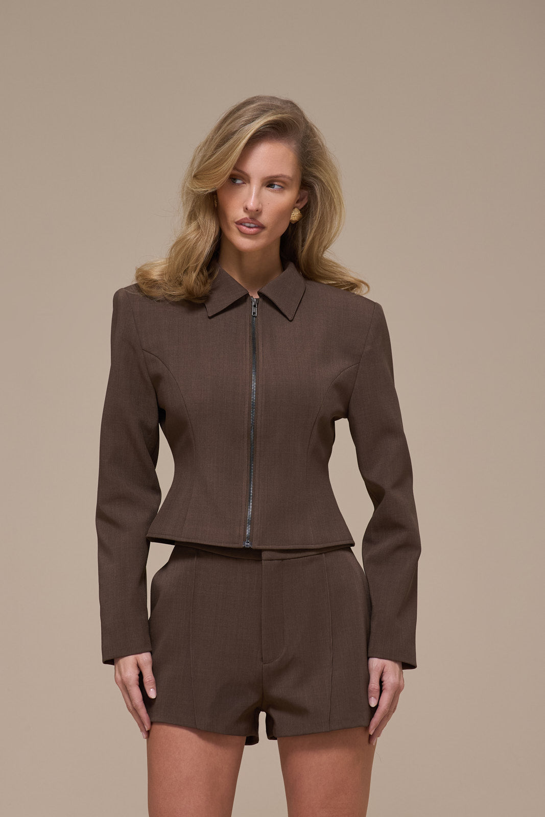 MAEVE LONG SLEEVE TAILORED TOP WITH ZIP | BROWN