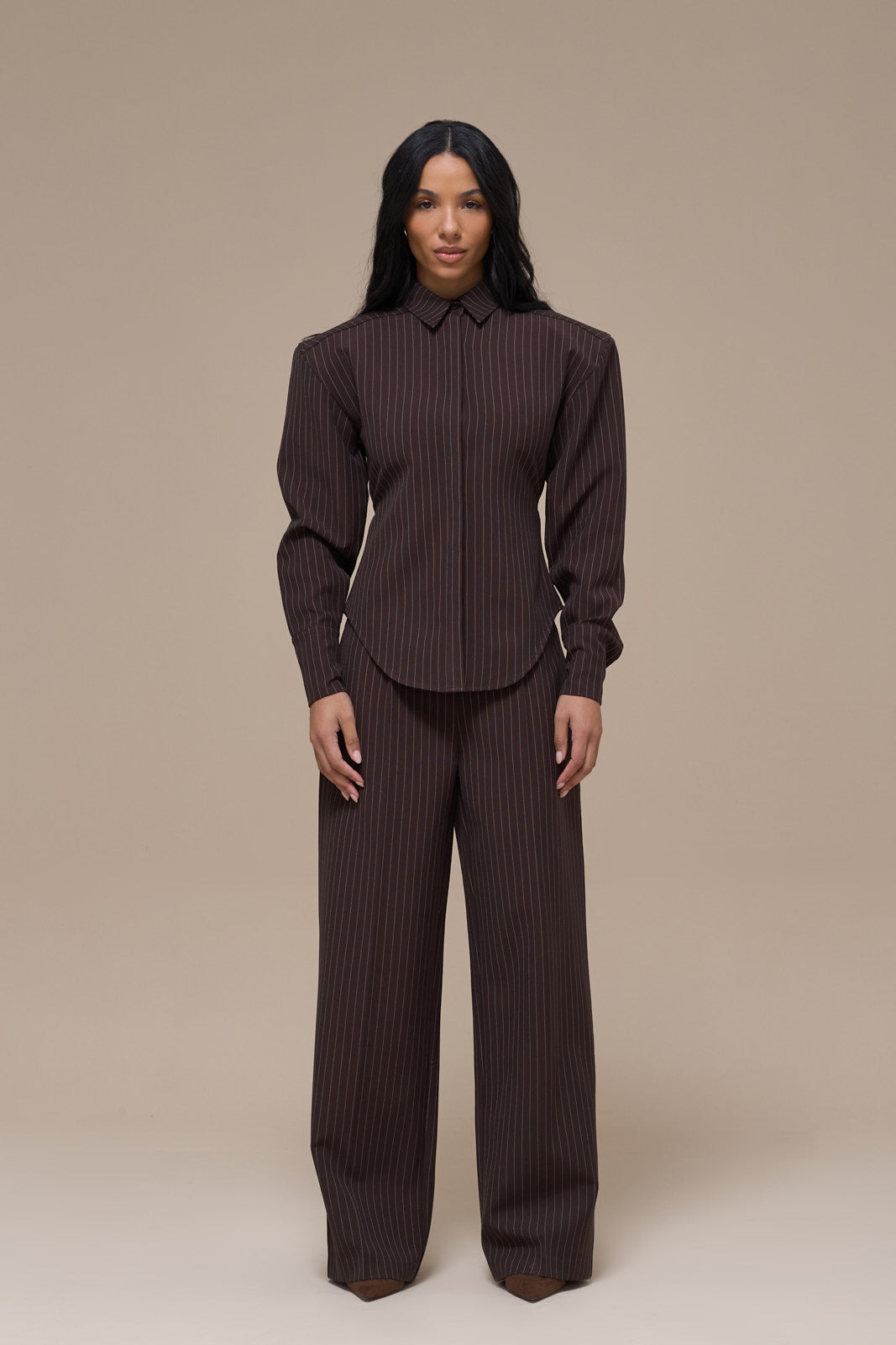 BLYTHE STRAIGHT LEG PINSTRIPE TROUSERS | CHOCOLATE BROWN