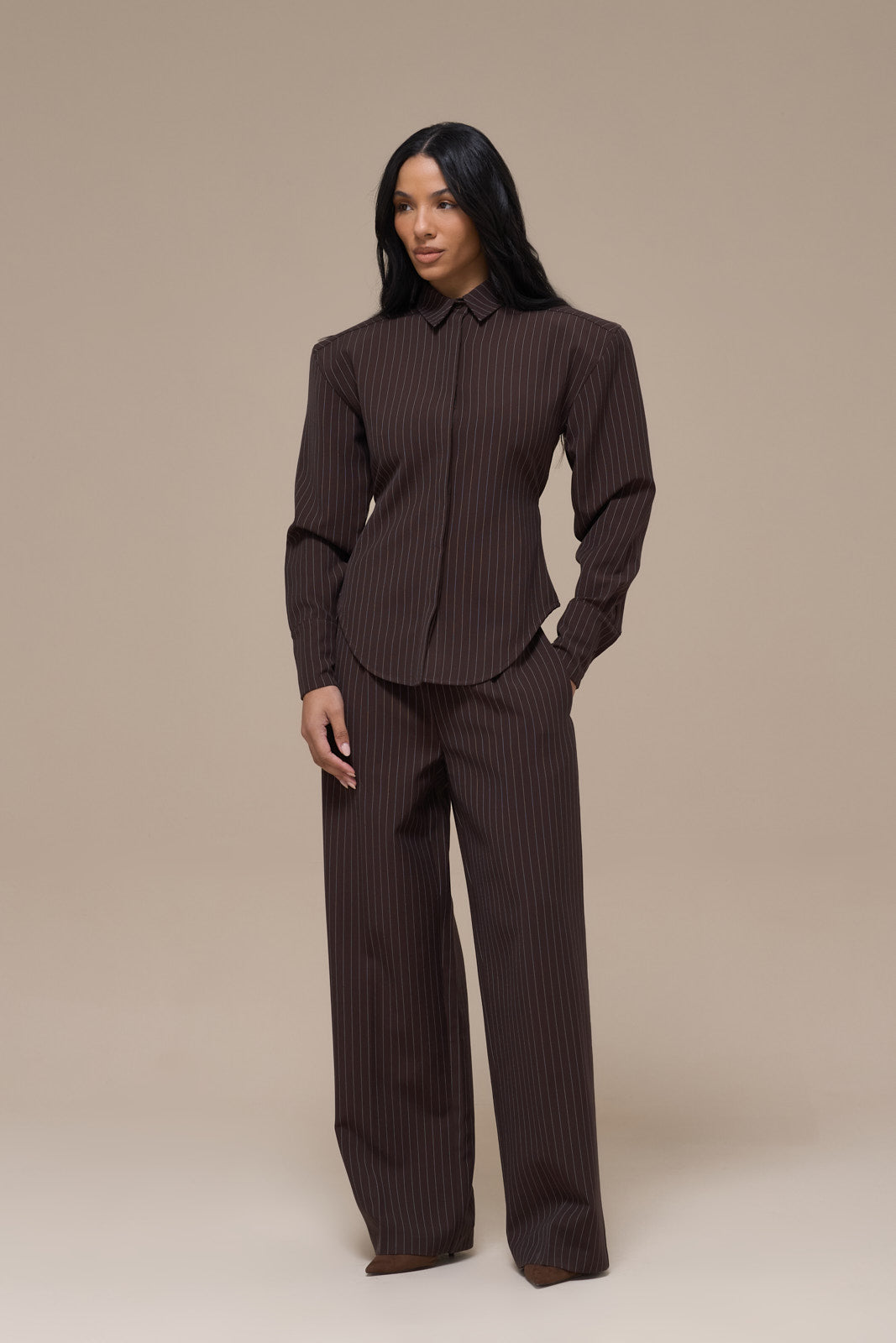 BLYTHE STRAIGHT LEG PINSTRIPE TROUSERS | CHOCOLATE BROWN