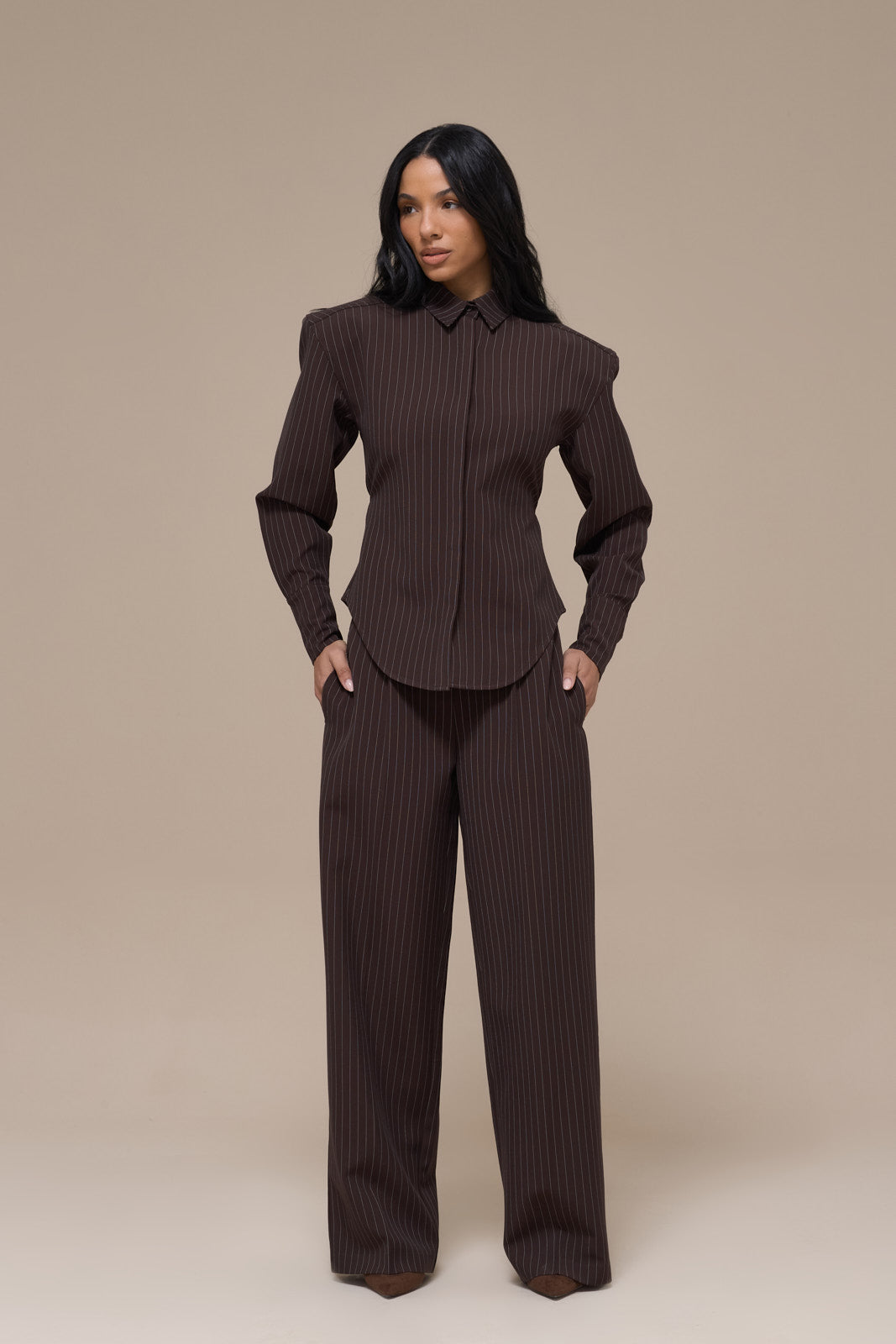 BLYTHE STRAIGHT LEG PINSTRIPE TROUSERS | CHOCOLATE BROWN