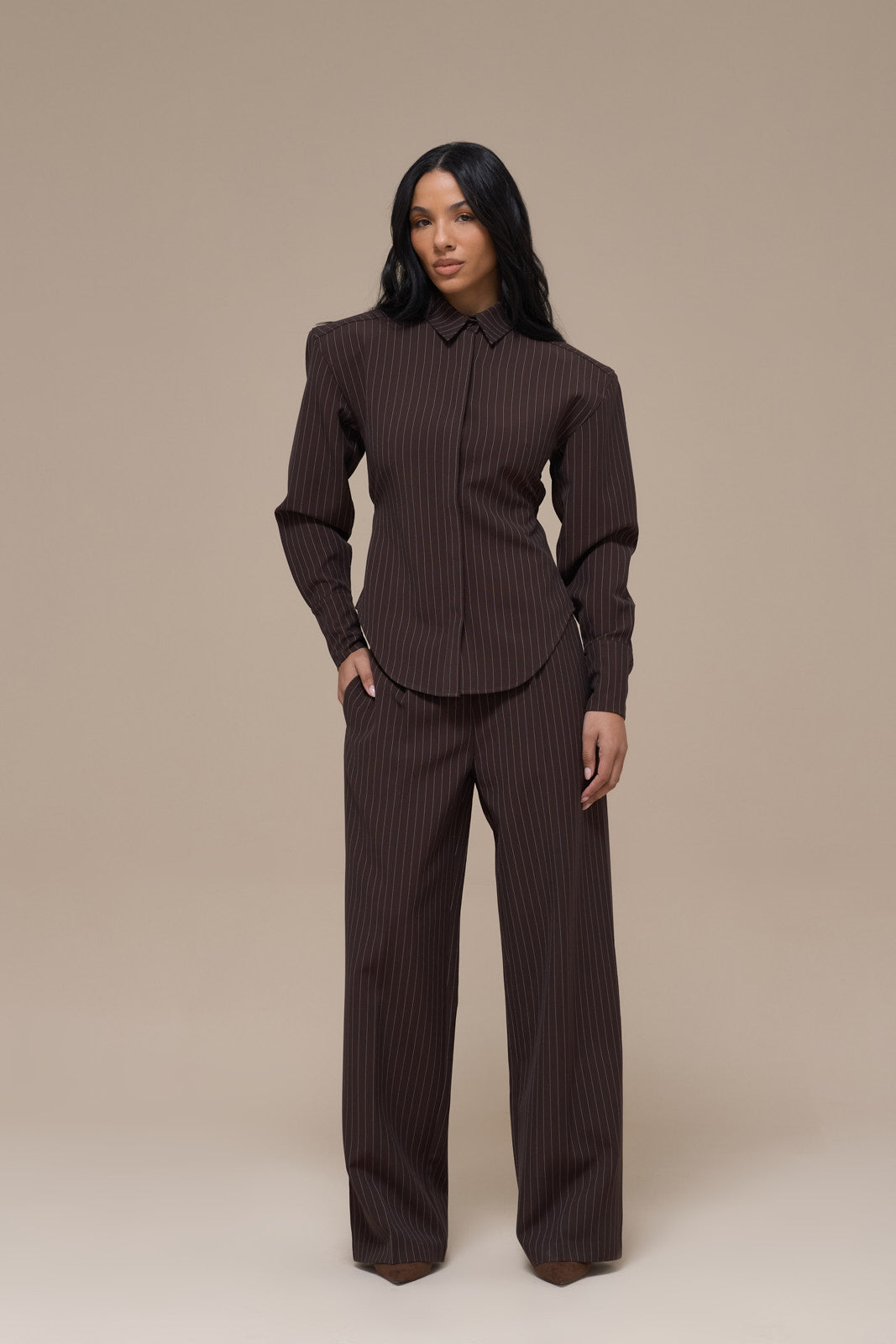 BLYTHE STRAIGHT LEG PINSTRIPE TROUSERS | CHOCOLATE BROWN