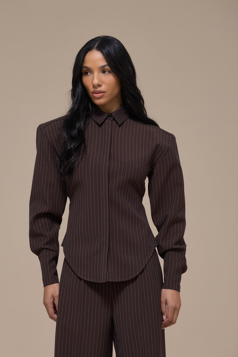 BLYTHE LONG SLEEVE PINSTRIPE SHIRT WITH TIE BACK DETAIL | CHOCOLATE BROWN