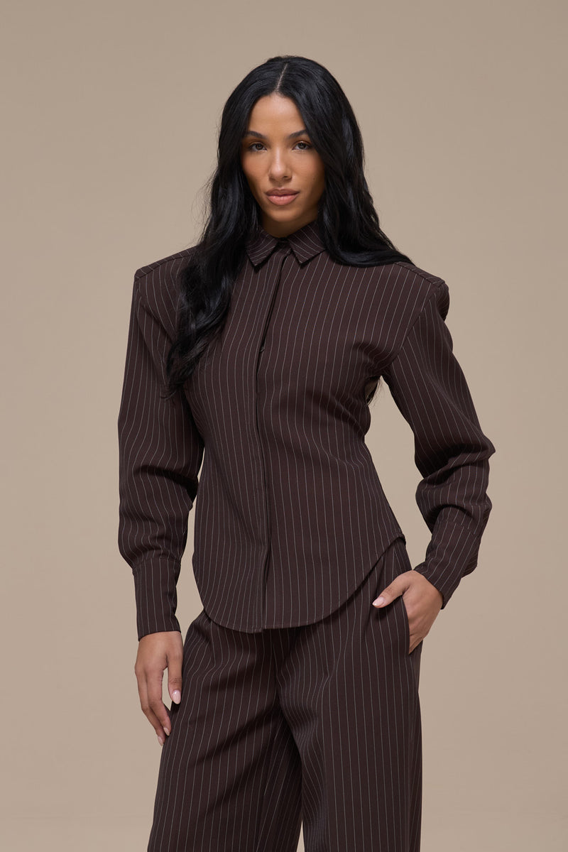 BLYTHE LONG SLEEVE PINSTRIPE SHIRT WITH TIE BACK DETAIL | CHOCOLATE BROWN