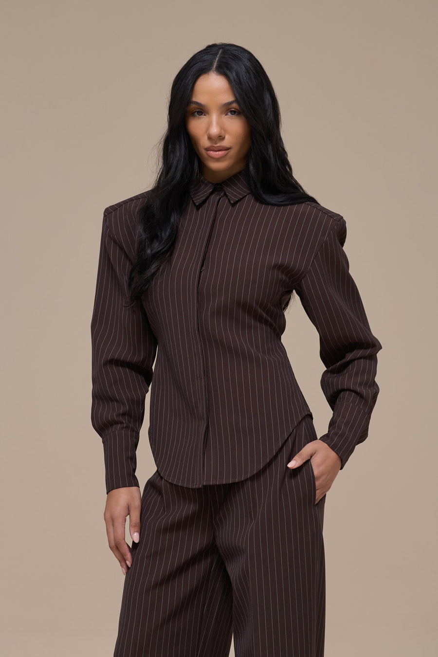 BLYTHE LONG SLEEVE PINSTRIPE SHIRT WITH TIE BACK DETAIL | CHOCOLATE BROWN