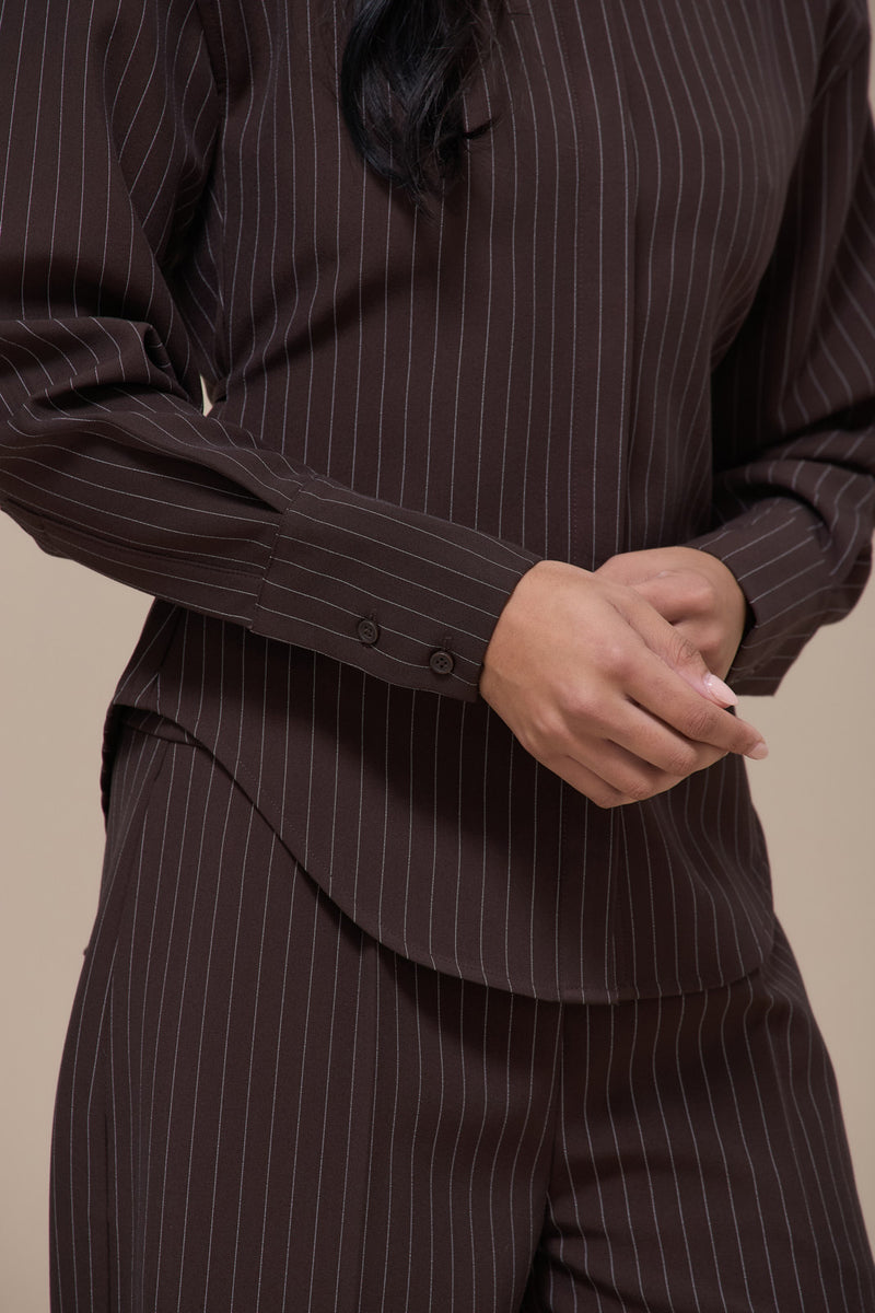 BLYTHE LONG SLEEVE PINSTRIPE SHIRT WITH TIE BACK DETAIL | CHOCOLATE BROWN