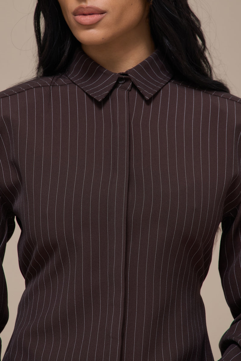 BLYTHE LONG SLEEVE PINSTRIPE SHIRT WITH TIE BACK DETAIL | CHOCOLATE BROWN