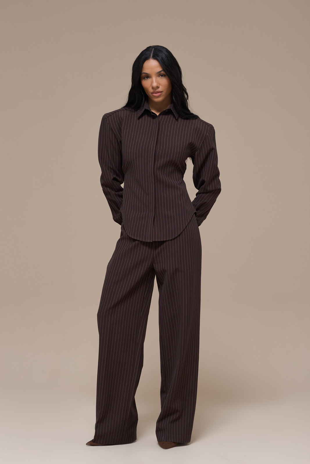 BLYTHE STRAIGHT LEG PINSTRIPE TROUSERS | CHOCOLATE BROWN
