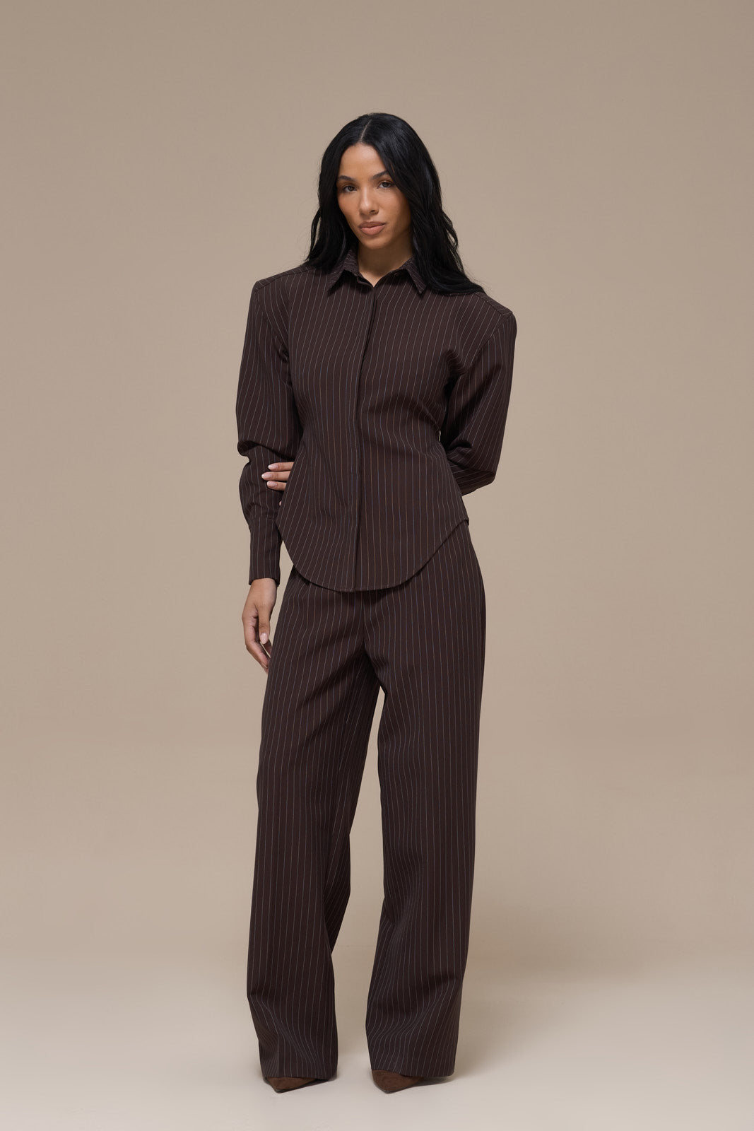 BLYTHE STRAIGHT LEG PINSTRIPE TROUSERS | CHOCOLATE BROWN