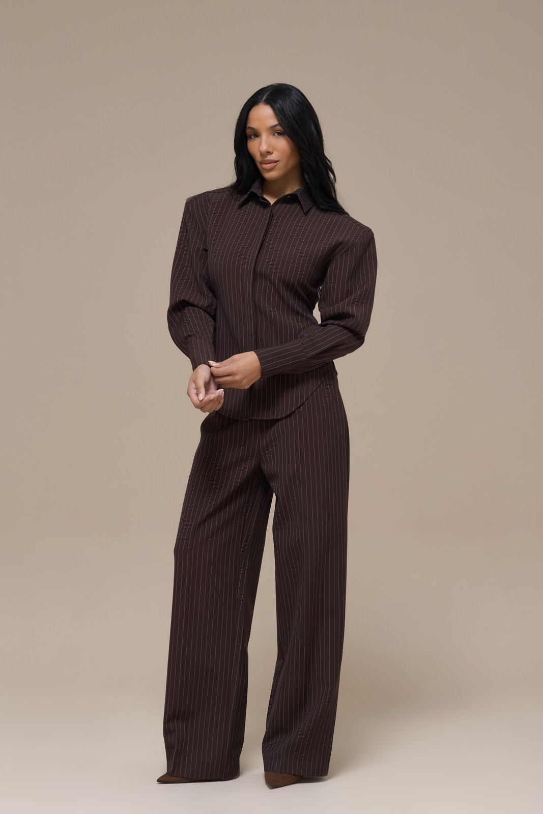 BLYTHE STRAIGHT LEG PINSTRIPE TROUSERS | CHOCOLATE BROWN
