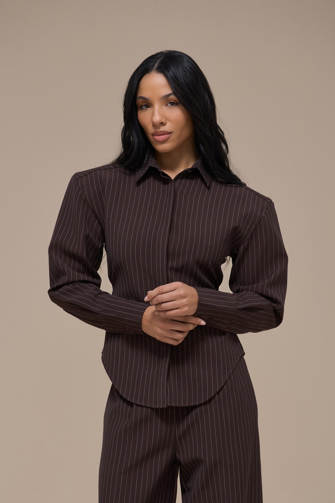 BLYTHE LONG SLEEVE PINSTRIPE SHIRT WITH TIE BACK DETAIL | CHOCOLATE BROWN