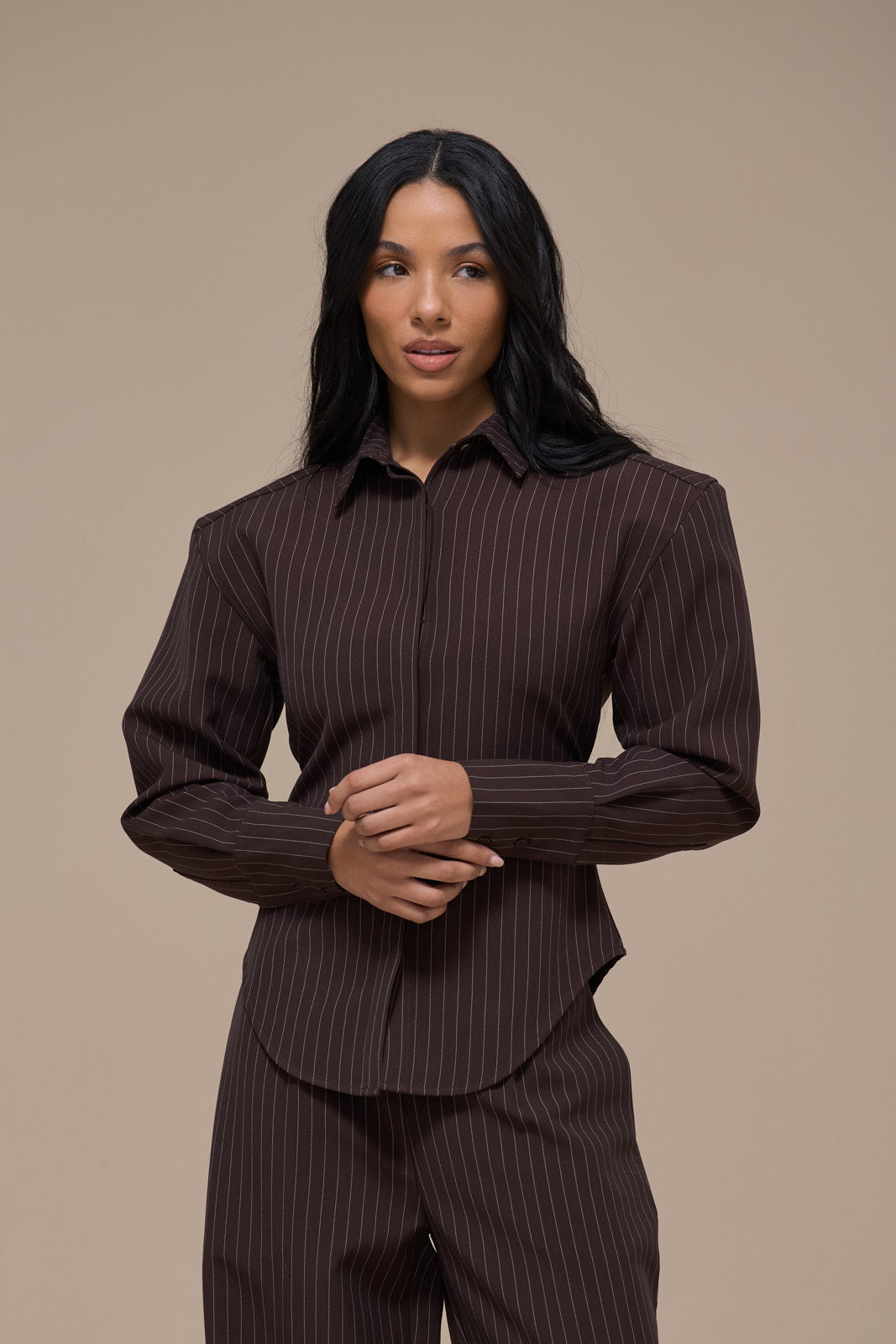 BLYTHE LONG SLEEVE PINSTRIPE SHIRT WITH TIE BACK DETAIL | CHOCOLATE BROWN