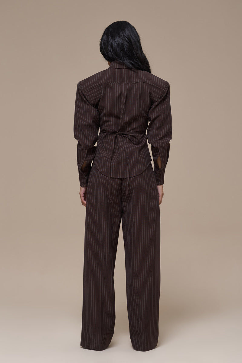 BLYTHE LONG SLEEVE PINSTRIPE SHIRT WITH TIE BACK DETAIL | CHOCOLATE BROWN