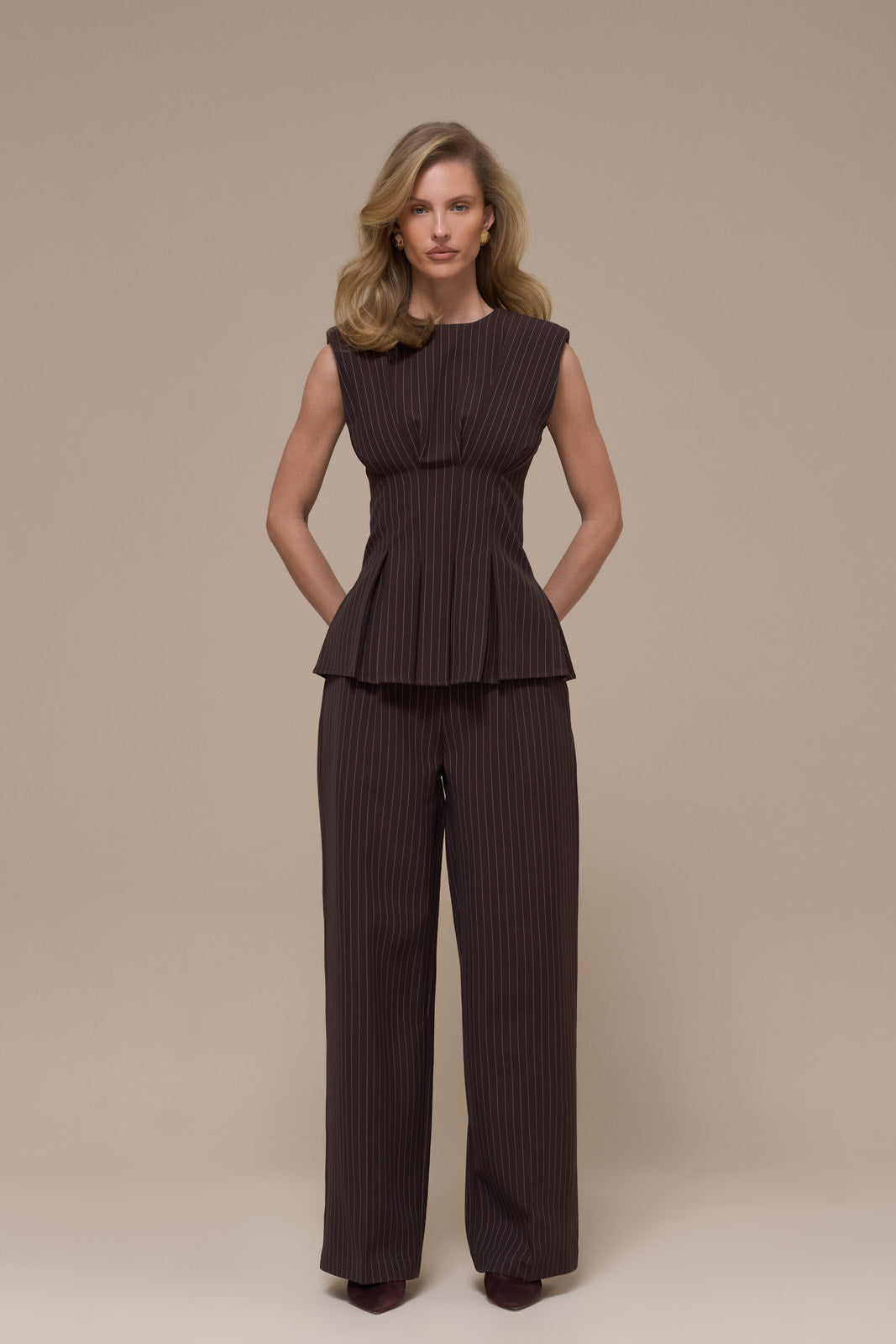 BLYTHE STRAIGHT LEG PINSTRIPE TROUSERS | CHOCOLATE BROWN