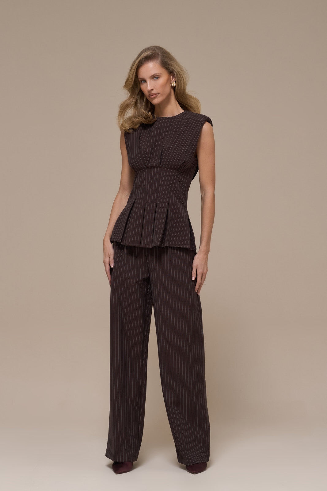 BLYTHE STRAIGHT LEG PINSTRIPE TROUSERS | CHOCOLATE BROWN