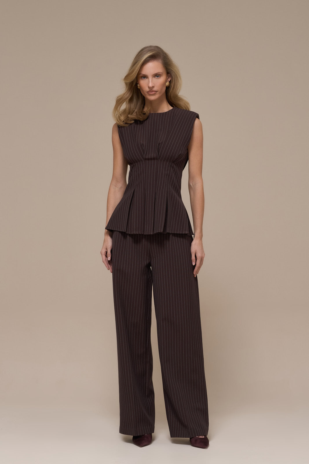BLYTHE STRAIGHT LEG PINSTRIPE TROUSERS | CHOCOLATE BROWN