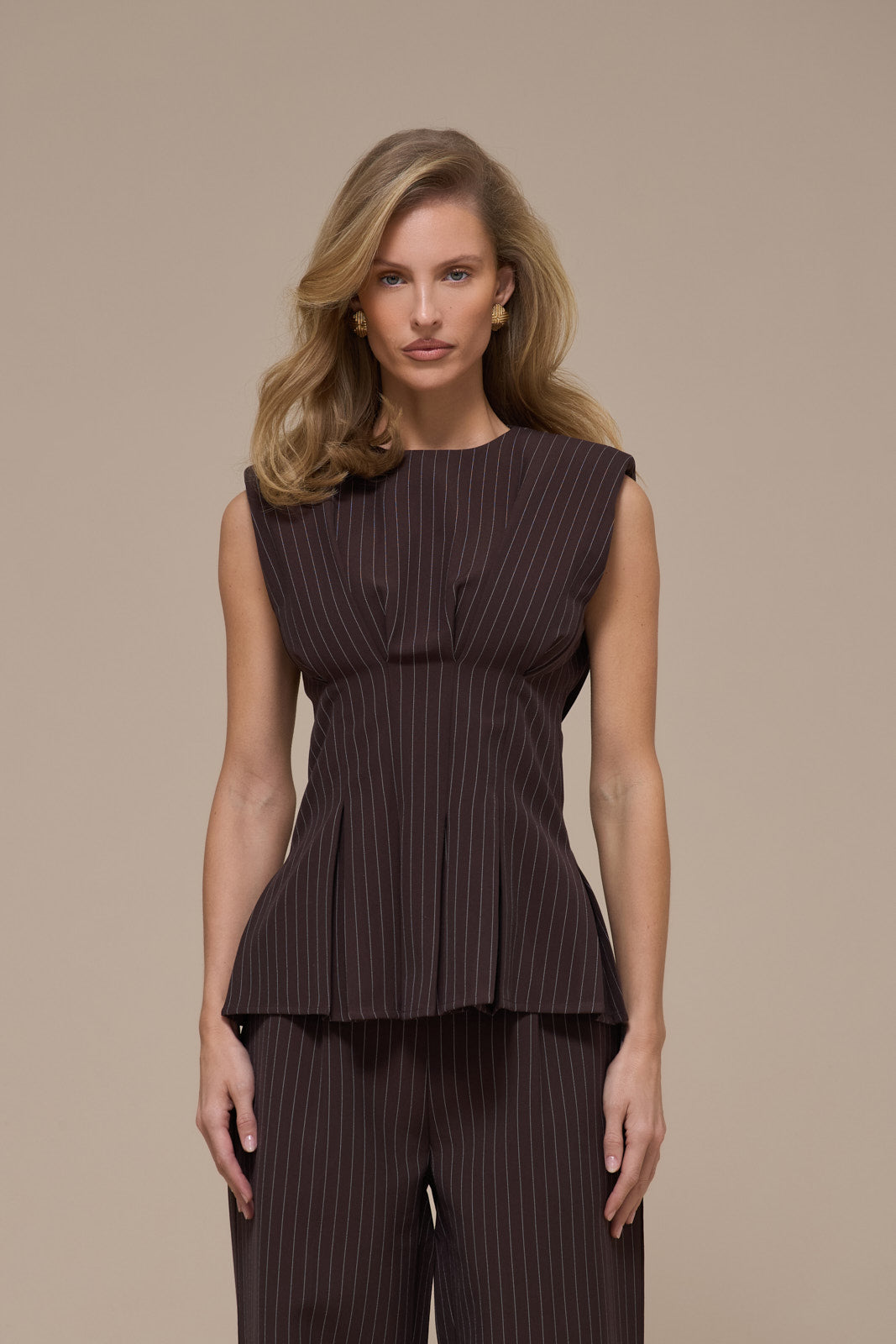 BLYTHE SLEEVELESS PINSTRIPE TOP | CHOCOLATE BROWN