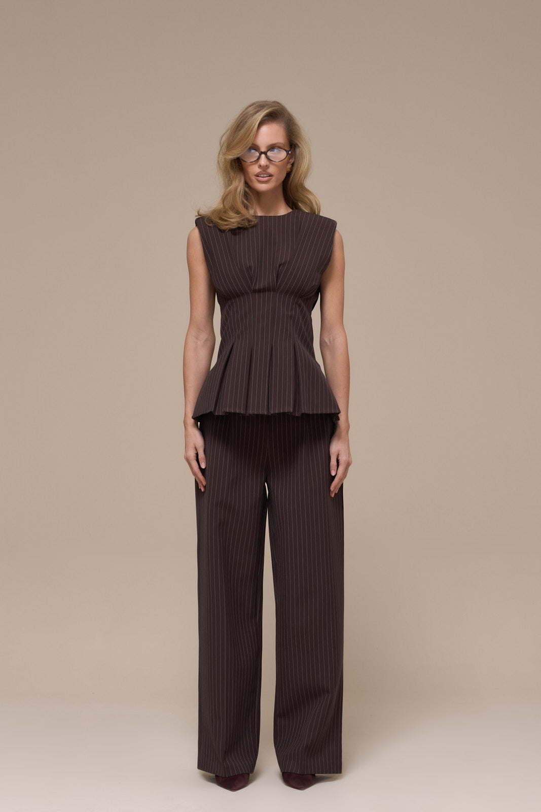 BLYTHE STRAIGHT LEG PINSTRIPE TROUSERS | CHOCOLATE BROWN