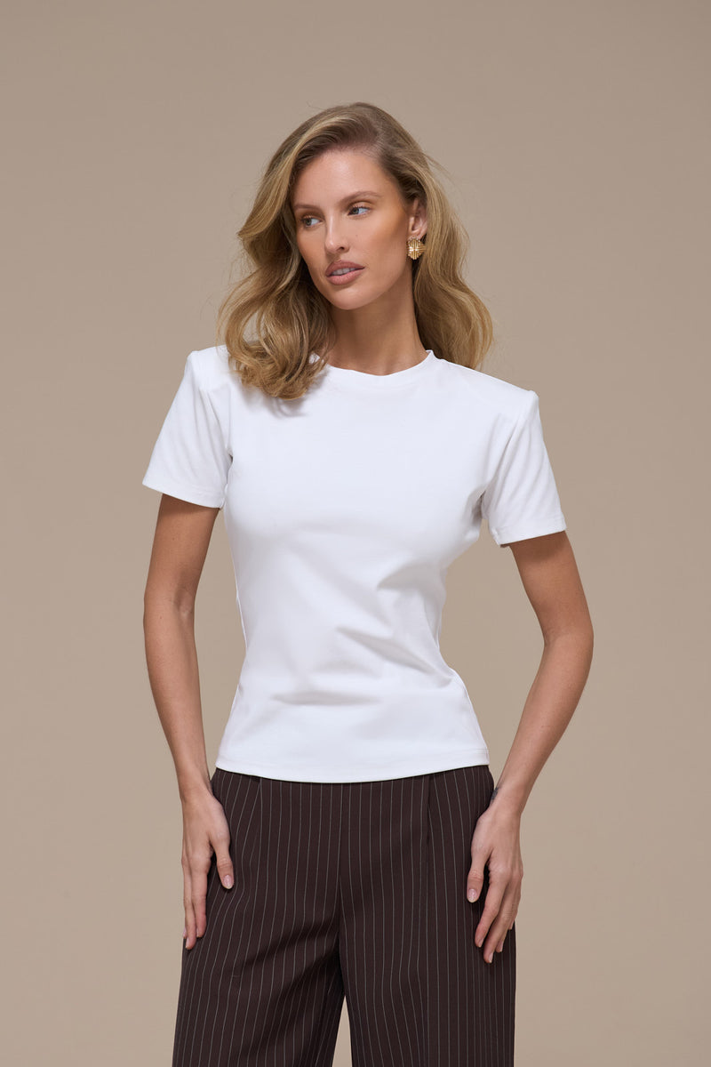 SHORT SLEEVE BASIC TEE WITH DETACHABLE SHOULDER PADS | WHITE