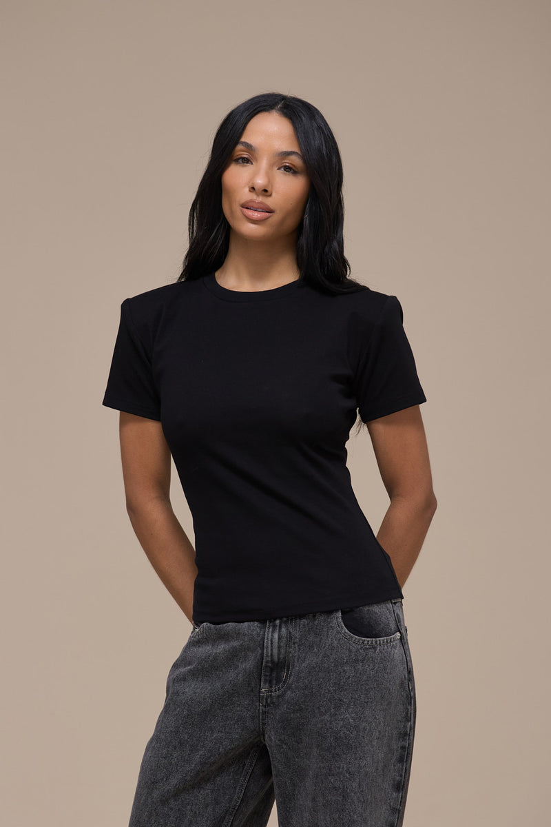 SHORT SLEEVE BASIC TEE WITH DETACHABLE SHOULDER PADS | BLACK