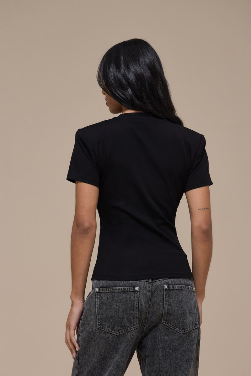 SHORT SLEEVE BASIC TEE WITH DETACHABLE SHOULDER PADS | BLACK