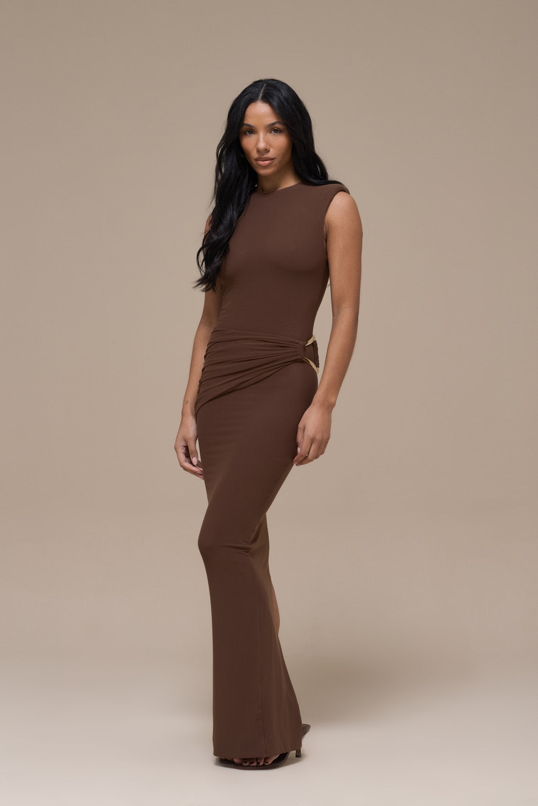 BRONTE SLEEVELESS MAXI DRESS WITH GOLD BUCKLE DETAIL | CHOCOLATE