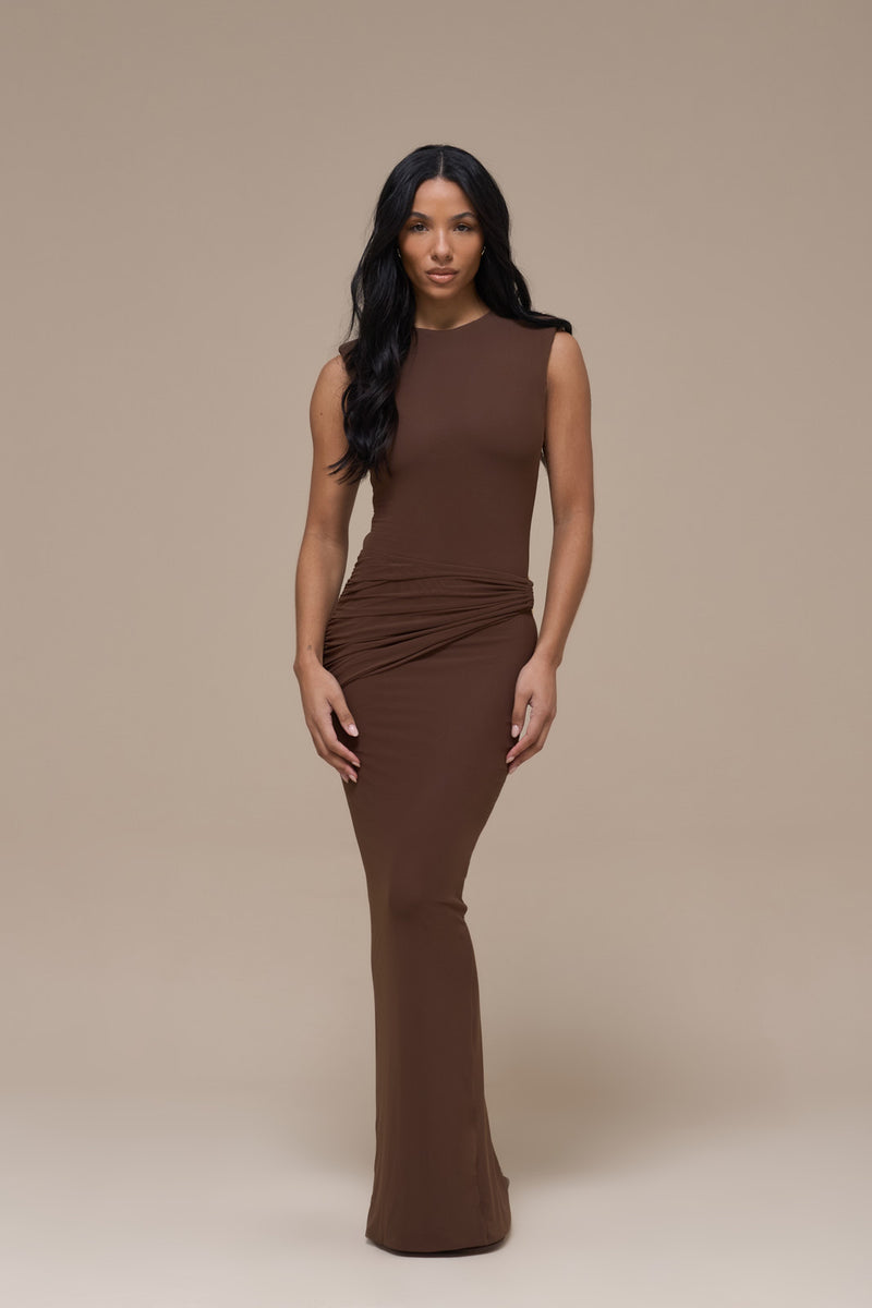 BRONTE SLEEVELESS MAXI DRESS WITH GOLD BUCKLE DETAIL | CHOCOLATE BROWN