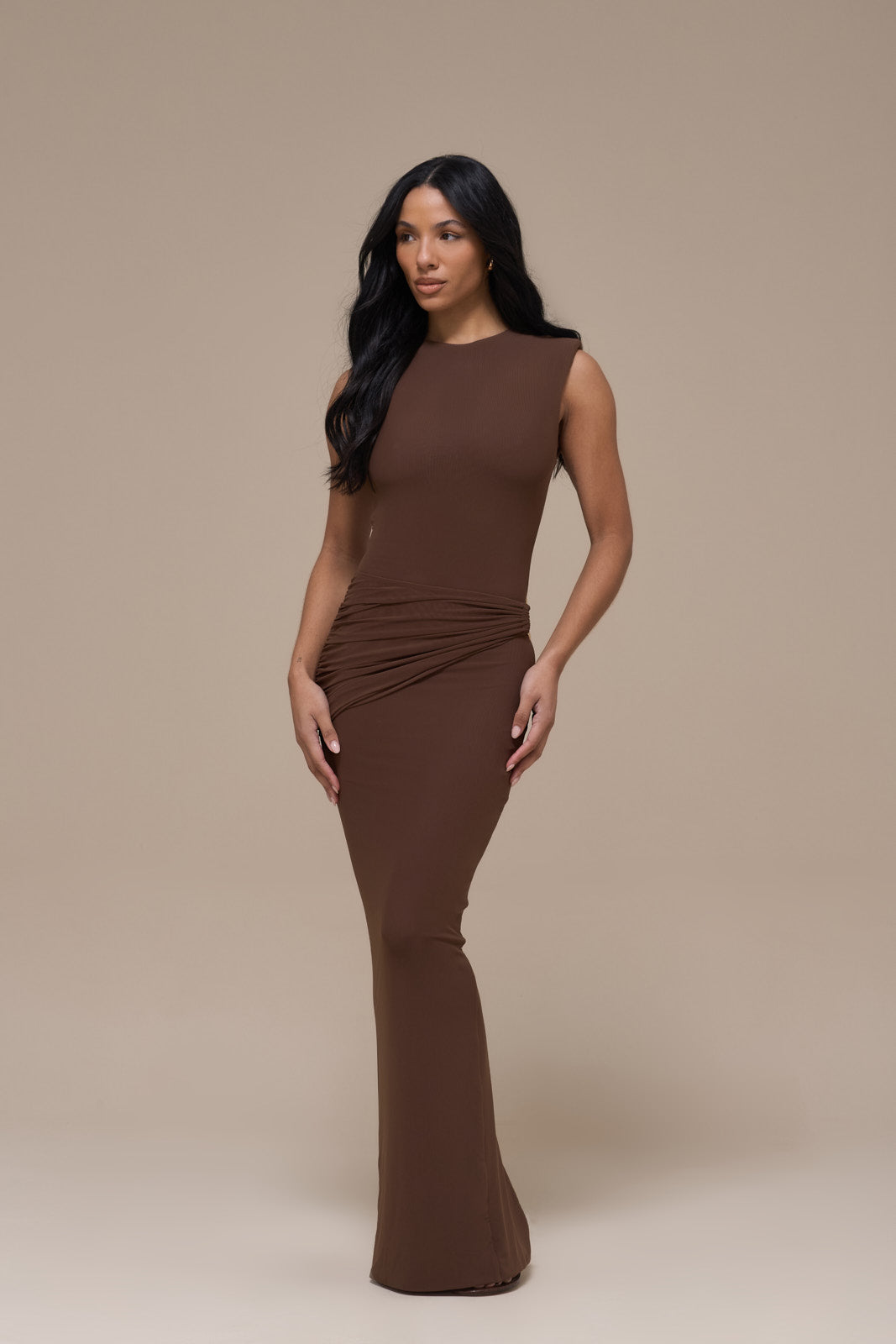 BRONTE SLEEVELESS MAXI DRESS WITH GOLD BUCKLE DETAIL | CHOCOLATE BROWN