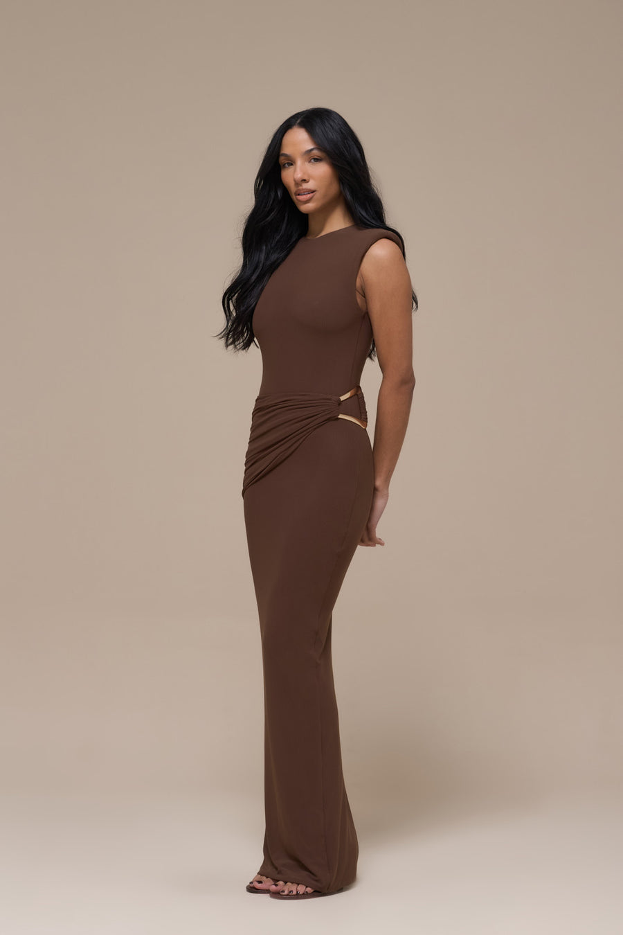 BRONTE SLEEVELESS MAXI DRESS WITH GOLD BUCKLE DETAIL | CHOCOLATE BROWN