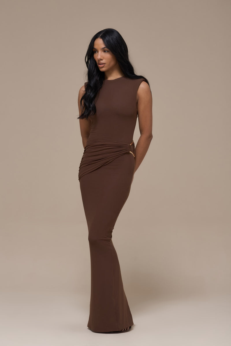 BRONTE SLEEVELESS MAXI DRESS WITH GOLD BUCKLE DETAIL | CHOCOLATE BROWN