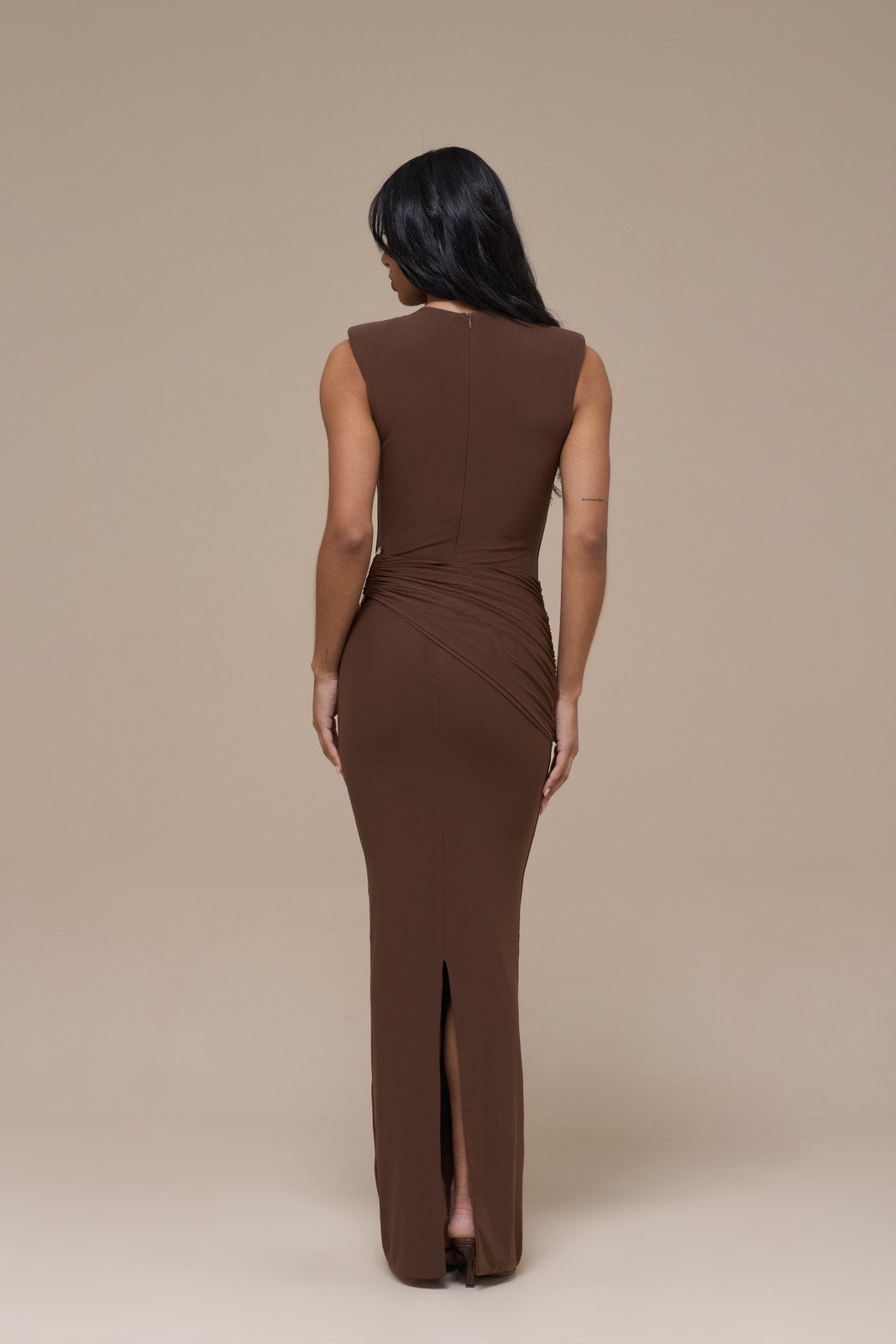 BRONTE SLEEVELESS MAXI DRESS WITH GOLD BUCKLE DETAIL | CHOCOLATE BROWN