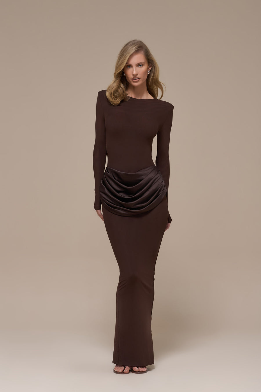 EMAN LONG SLEEVE MAXI DRESS WITH SATIN DRAPED WAIST DETAIL