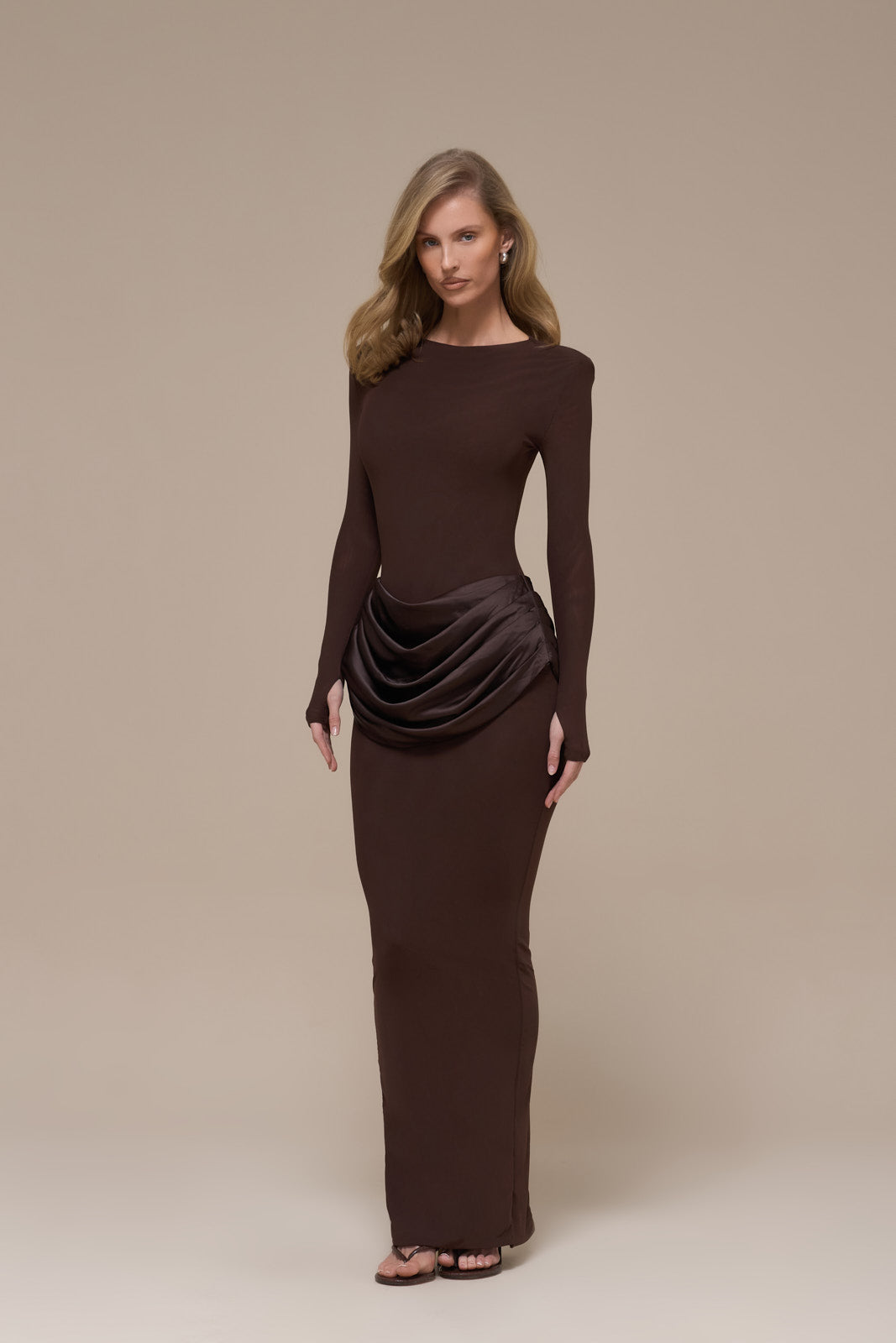 EMAN LONG SLEEVE MAXI DRESS WITH SATIN DRAPED WAIST DETAIL | CHOCOLATE