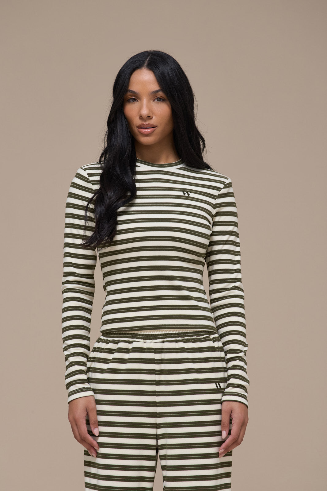 FRANKIE LONG SLEEVE ROUND NECK TOP | CREAM & KHAKI STRIPE