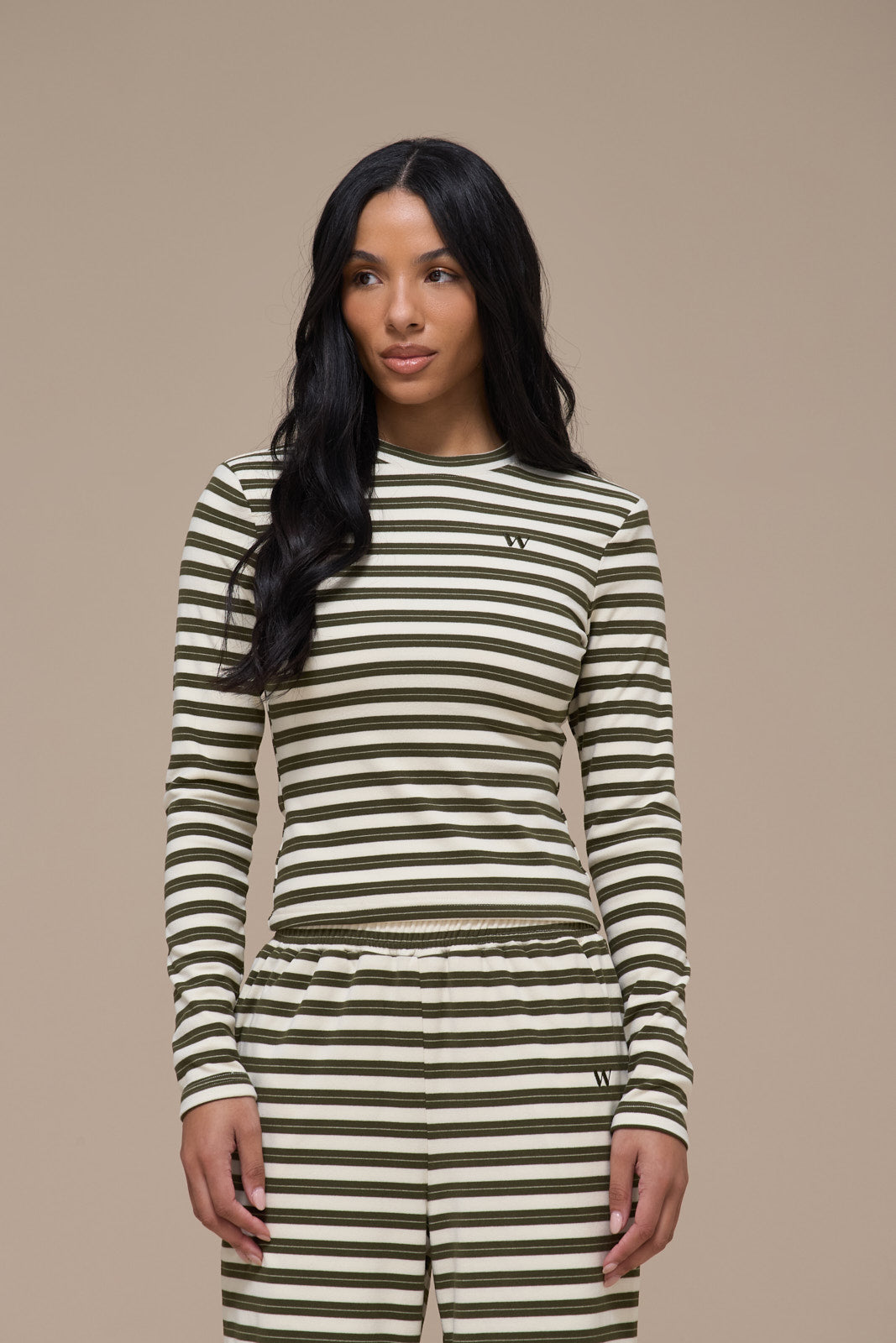 FRANKIE LONG SLEEVE ROUND NECK TOP | CREAM & KHAKI STRIPE