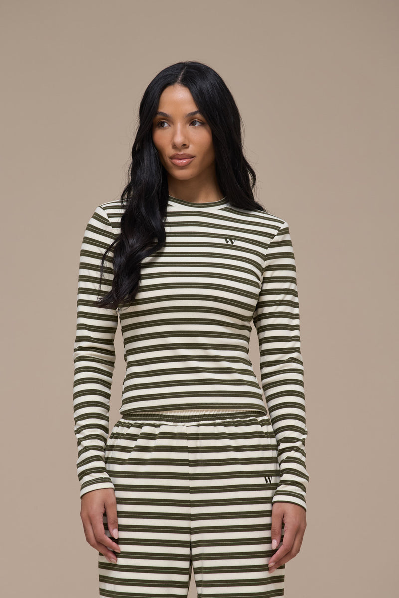 FRANKIE LONG SLEEVE ROUND NECK TOP | CREAM & KHAKI STRIPE