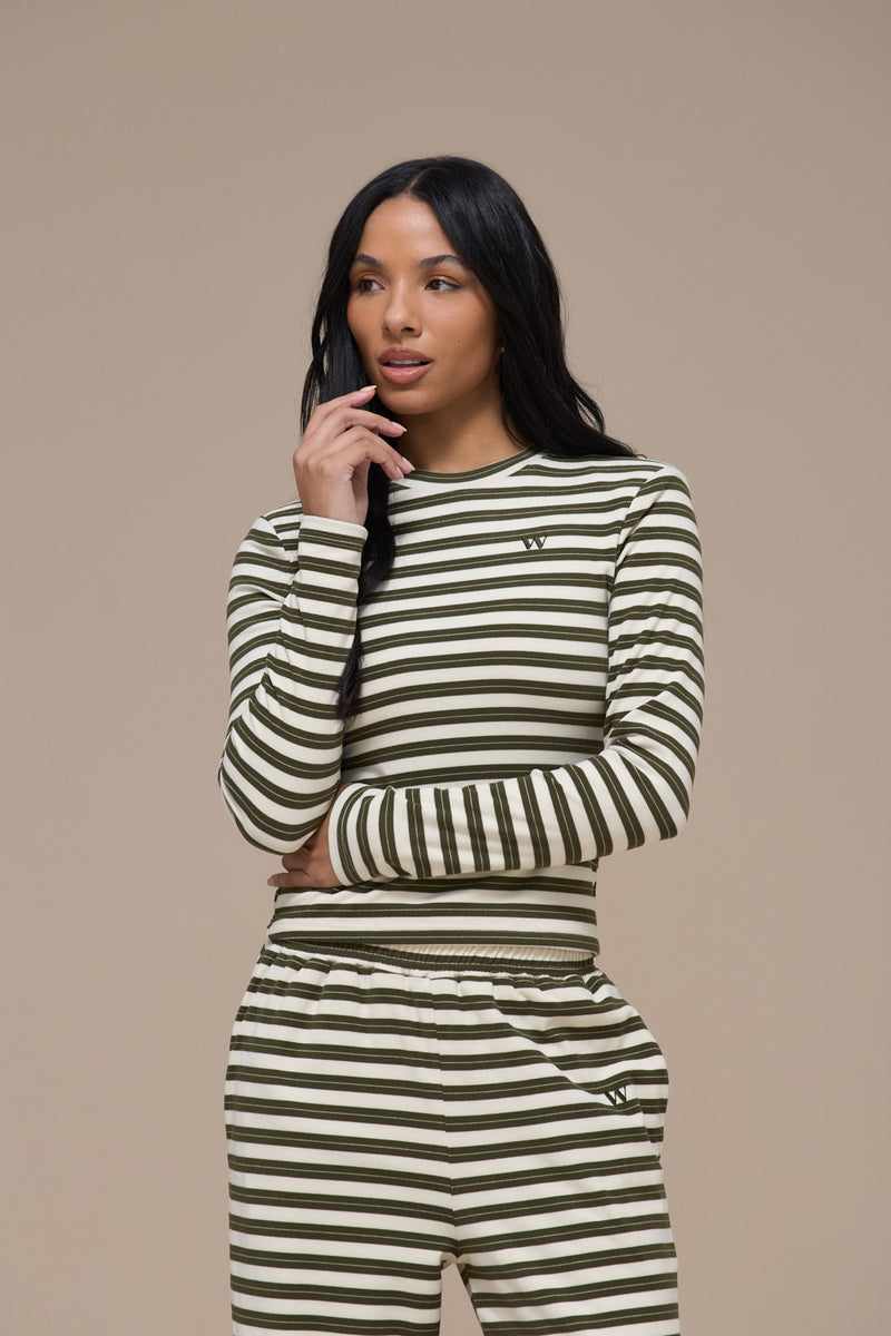 FRANKIE LONG SLEEVE ROUND NECK TOP | CREAM & KHAKI STRIPE