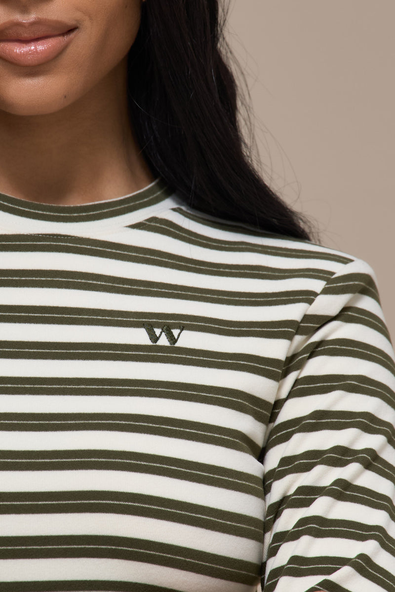 FRANKIE LONG SLEEVE ROUND NECK TOP | CREAM & KHAKI STRIPE