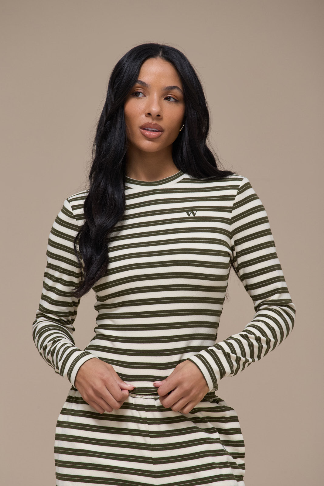 FRANKIE LONG SLEEVE ROUND NECK TOP | CREAM & KHAKI STRIPE