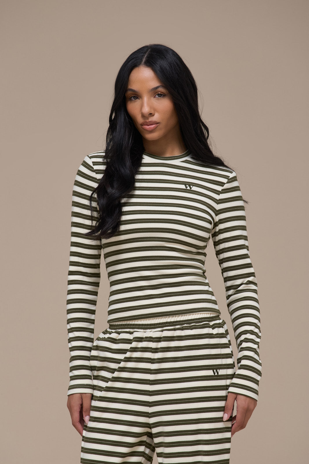 FRANKIE LONG SLEEVE ROUND NECK TOP | CREAM & KHAKI STRIPE