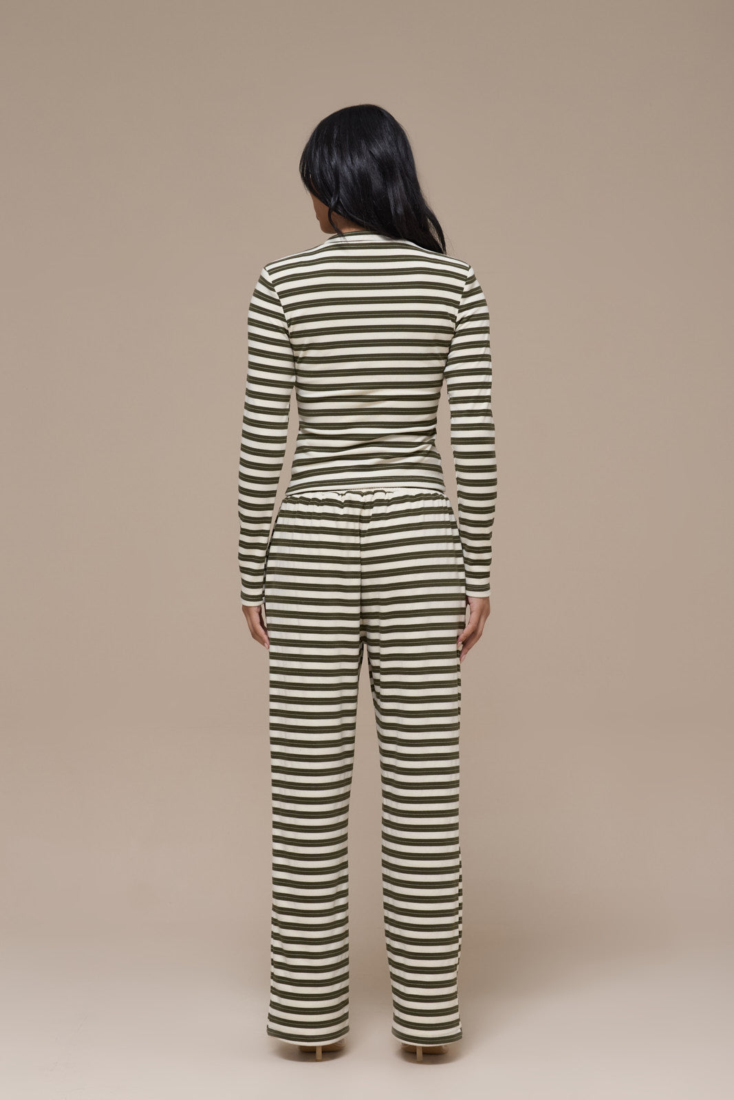 FRANKIE LONG SLEEVE ROUND NECK TOP | CREAM & KHAKI STRIPE