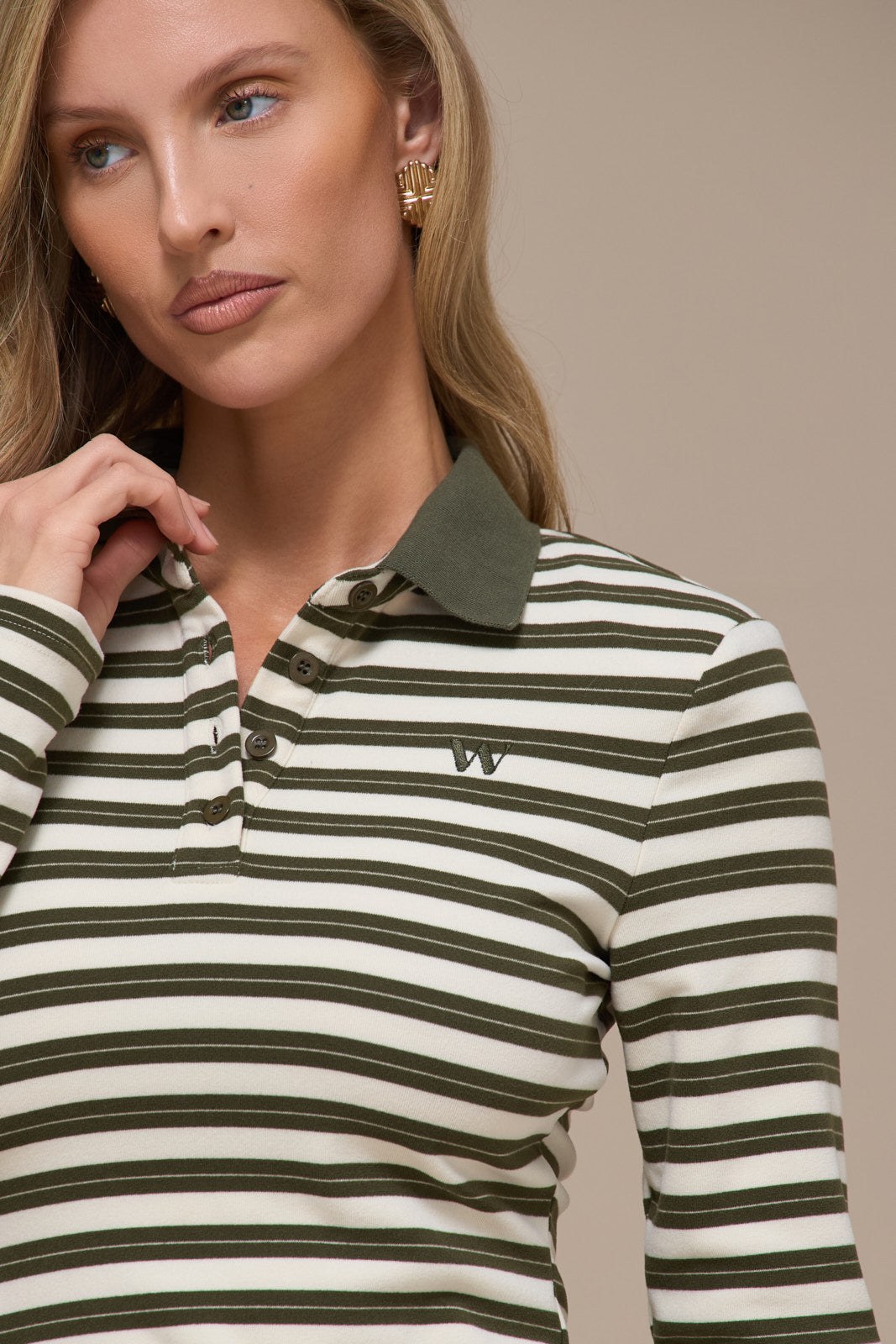 FRANKIE LONG SLEEVE POLO TOP | CREAM & KHAKI STRIPE