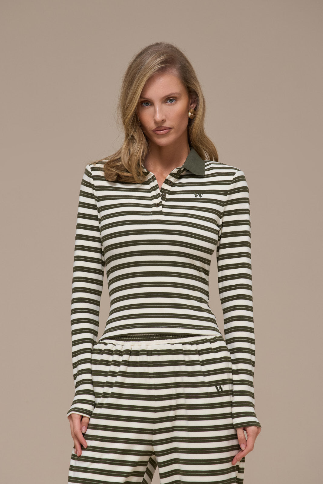 FRANKIE LONG SLEEVE POLO TOP | CREAM & KHAKI STRIPE