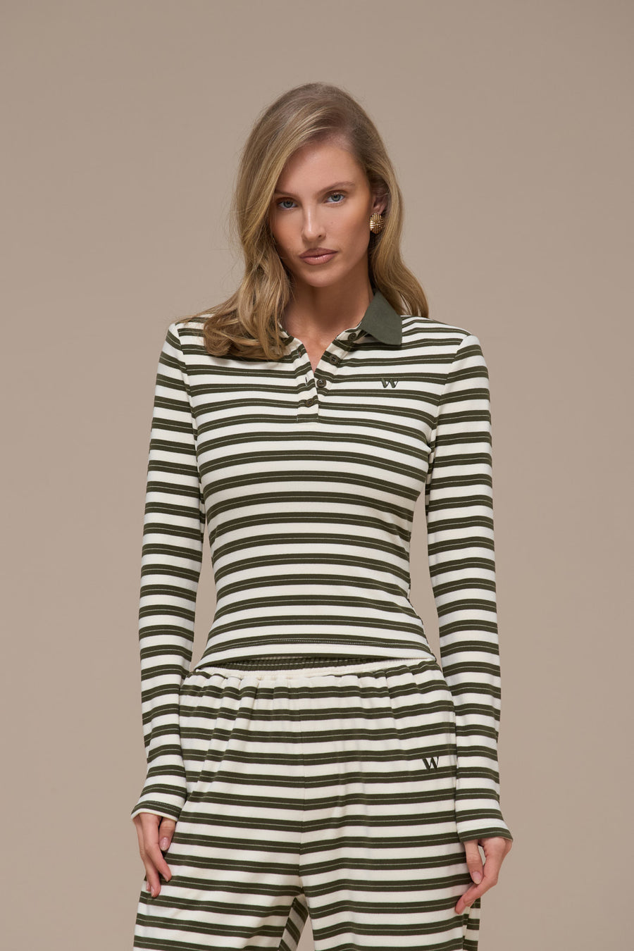 FRANKIE LONG SLEEVE POLO TOP | CREAM & KHAKI STRIPE