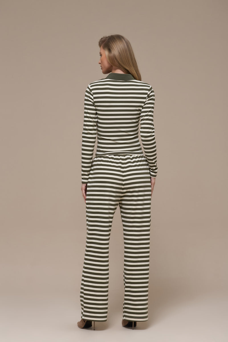 FRANKIE LONG SLEEVE POLO TOP | CREAM & KHAKI STRIPE