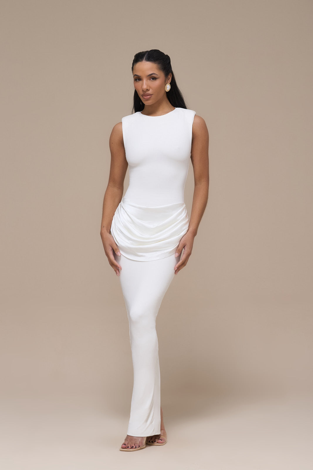 EMAN SLEEVELESS MAXI DRESS WITH SATIN DRAPED WAIST DETAIL | WHITE