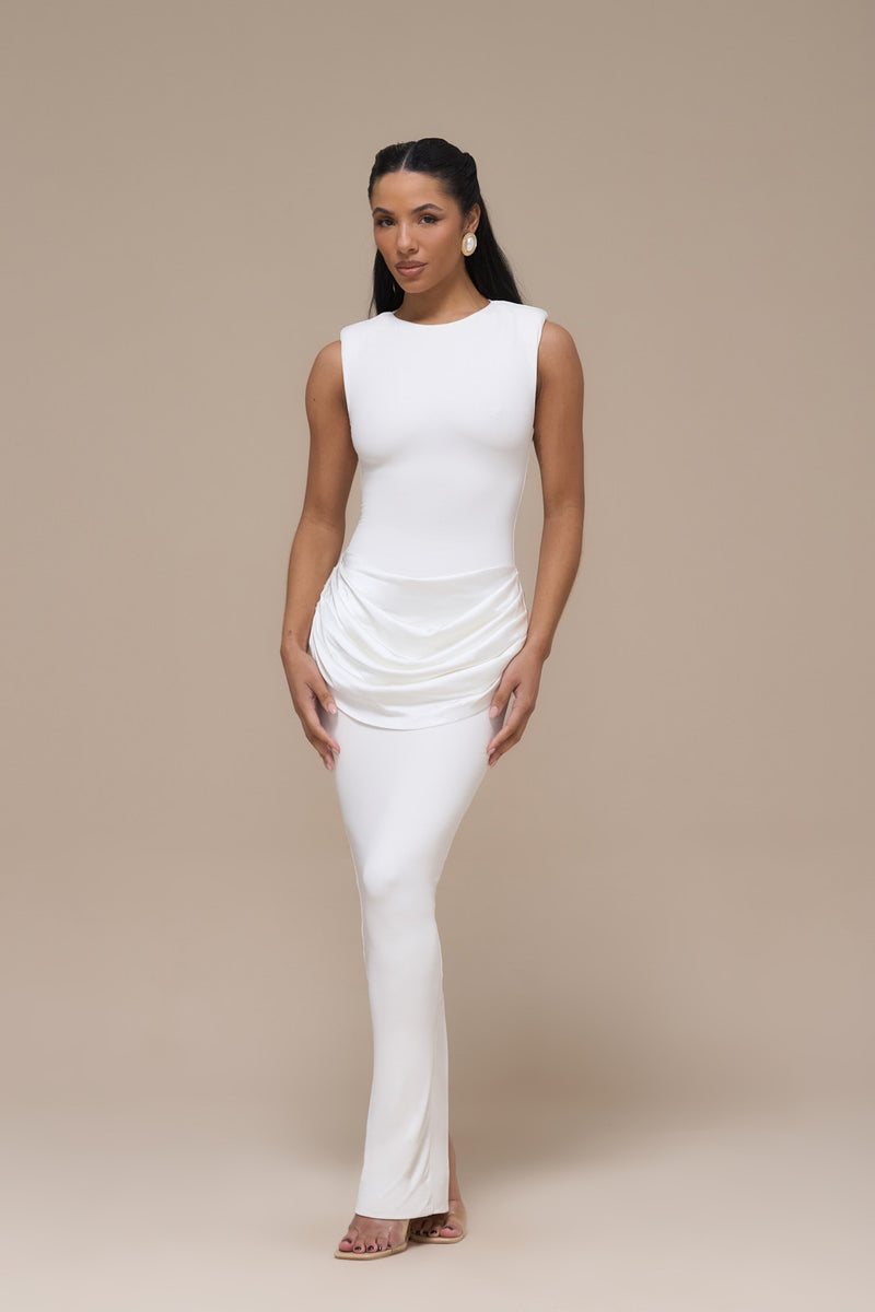 EMAN SLEEVELESS MAXI DRESS WITH SATIN DRAPED WAIST DETAIL | WHITE